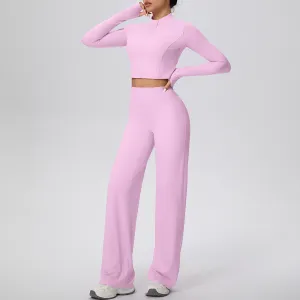 Women Fashion Casual Solid Color Zipper Long-Sleeve Jacket High Waist Slim-Fit Pants Quick-Drying Yoga Sports Two-Piece Set