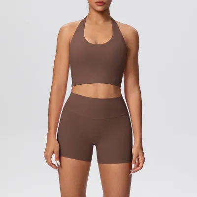 Women Fashion Solid Color Halter-Neck Bra High Waist Tight Shorts Quick-Dry Breathable Yoga Two-Piece Set