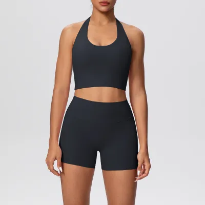 Women Fashion Solid Color Halter-Neck Bra High Waist Tight Shorts Quick-Dry Breathable Yoga Two-Piece Set