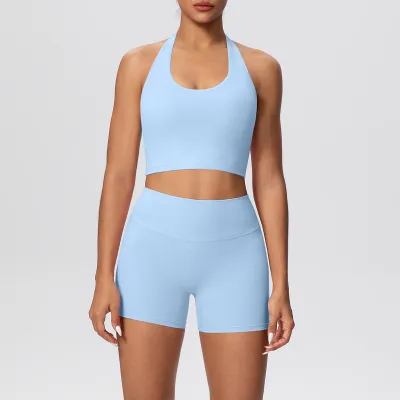 Women Fashion Solid Color Halter-Neck Bra High Waist Tight Shorts Quick-Dry Breathable Yoga Two-Piece Set