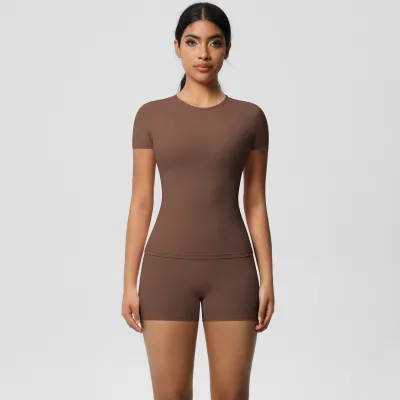 Women Fashion Casual Solid Color Tight Short-Sleeve T-Shirt High Waist Quick-Drying Yoga Shorts Sports Two-Piece Set