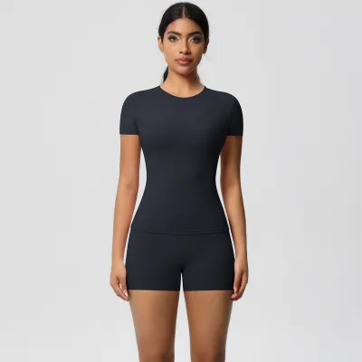 Women Fashion Casual Solid Color Tight Short-Sleeve T-Shirt High Waist Quick-Drying Yoga Shorts Sports Two-Piece Set
