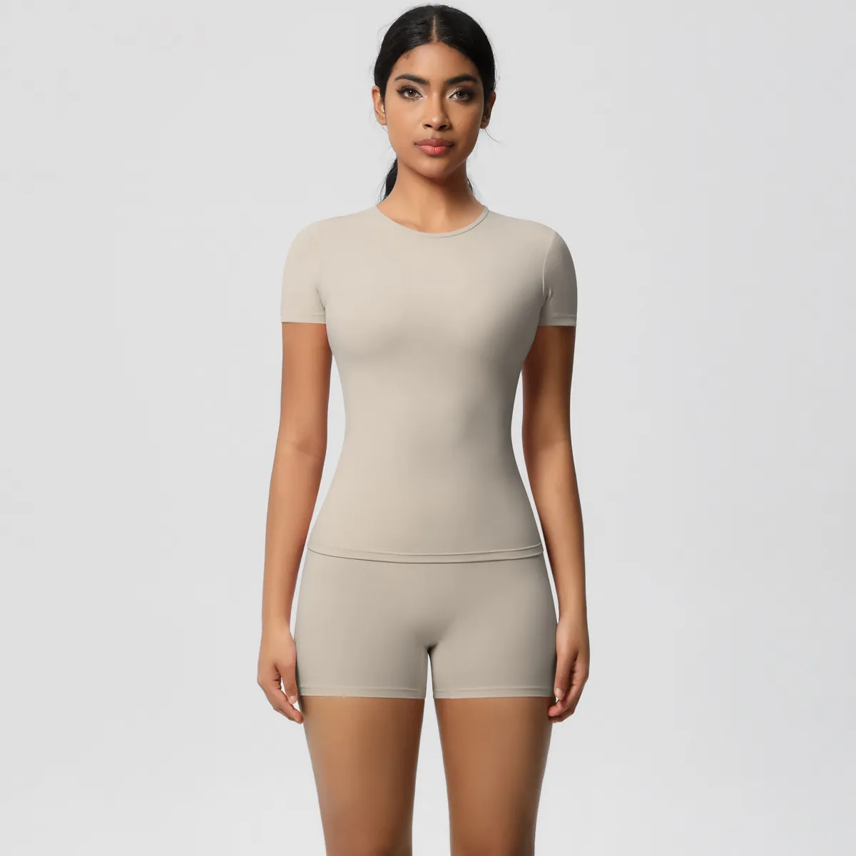 Women Fashion Casual Solid Color Tight Short-Sleeve T-Shirt High Waist Quick-Drying Yoga Shorts Sports Two-Piece Set