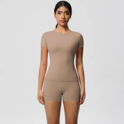 Women Fashion Casual Solid Color Tight Short-Sleeve T-Shirt High Waist Quick-Drying Yoga Shorts Sports Two-Piece Set