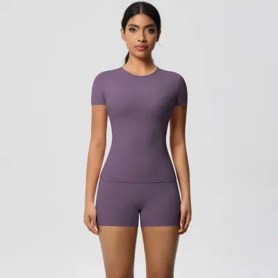 Women Fashion Casual Solid Color Tight Short-Sleeve T-Shirt High Waist Quick-Drying Yoga Shorts Sports Two-Piece Set