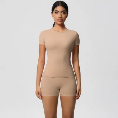 Women Fashion Casual Solid Color Tight Short-Sleeve T-Shirt High Waist Quick-Drying Yoga Shorts Sports Two-Piece Set