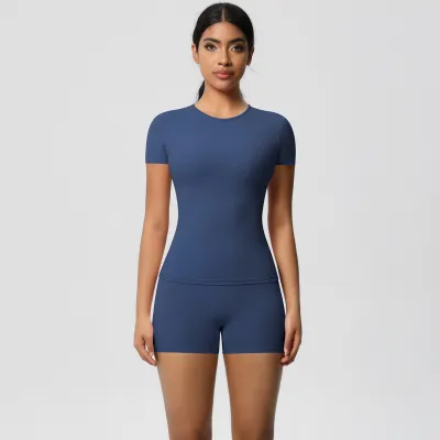 Women Fashion Casual Solid Color Tight Short-Sleeve T-Shirt High Waist Quick-Drying Yoga Shorts Sports Two-Piece Set