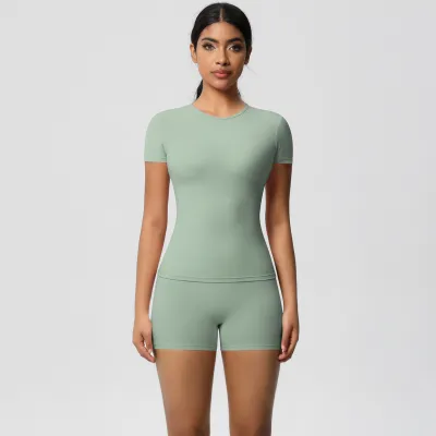 Women Fashion Casual Solid Color Tight Short-Sleeve T-Shirt High Waist Quick-Drying Yoga Shorts Sports Two-Piece Set