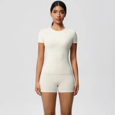 Women Fashion Casual Solid Color Tight Short-Sleeve T-Shirt High Waist Quick-Drying Yoga Shorts Sports Two-Piece Set