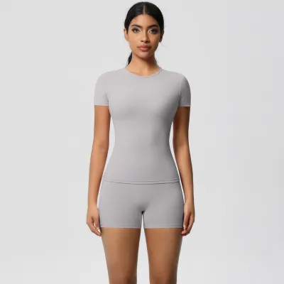 Women Fashion Casual Solid Color Tight Short-Sleeve T-Shirt High Waist Quick-Drying Yoga Shorts Sports Two-Piece Set