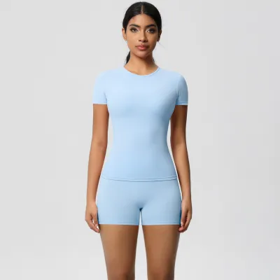 Women Fashion Casual Solid Color Tight Short-Sleeve T-Shirt High Waist Quick-Drying Yoga Shorts Sports Two-Piece Set