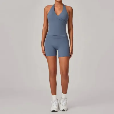 Women Fashion Solid Color Halter-Neck Tank Top Tight Shorts Yoga Sports Two-Piece Set