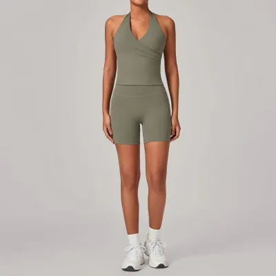 Women Fashion Solid Color Halter-Neck Tank Top Tight Shorts Yoga Sports Two-Piece Set