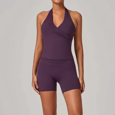Women Fashion Solid Color Halter-Neck Tank Top Tight Shorts Yoga Sports Two-Piece Set