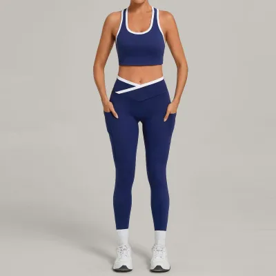 Women Fashion Contrast Color Tank Top Cross Tight Pants Yoga Sports Two-Piece Set