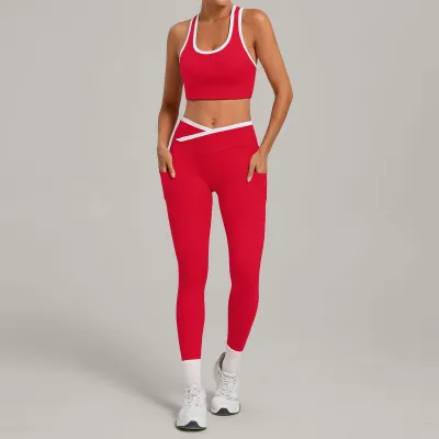 Women Fashion Contrast Color Tank Top Cross Tight Pants Yoga Sports Two-Piece Set
