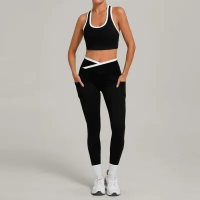 Women Fashion Contrast Color Tank Top Cross Tight Pants Yoga Sports Two-Piece Set