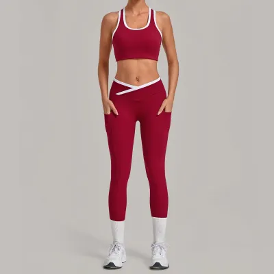 Women Fashion Contrast Color Tank Top Cross Tight Pants Yoga Sports Two-Piece Set