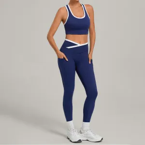 Women Fashion Contrast Color Tank Top Cross Tight Pants Yoga Sports Two-Piece Set