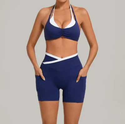 Women Fashion Contrast Color Fake Two-Piece Bra Tight Shorts Yoga Sports Two-Piece Set