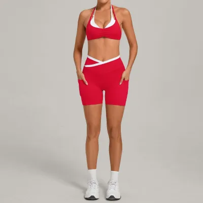 Women Fashion Contrast Color Fake Two-Piece Bra Tight Shorts Yoga Sports Two-Piece Set