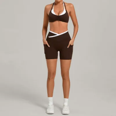 Women Fashion Contrast Color Fake Two-Piece Bra Tight Shorts Yoga Sports Two-Piece Set