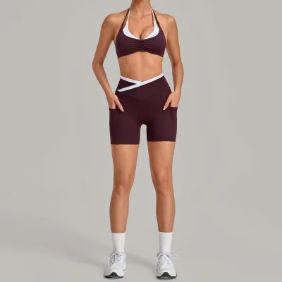 Women Fashion Contrast Color Fake Two-Piece Bra Tight Shorts Yoga Sports Two-Piece Set