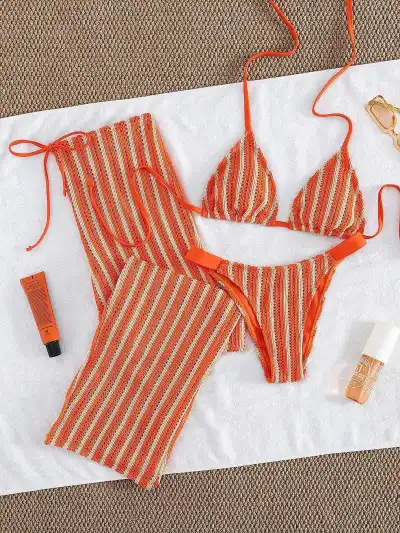Women Fashion Stripe Halter-Neck Lace-Up Pants Bikini Swimsuit Three-Piece Set