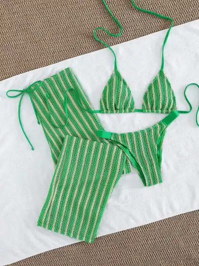 Women Fashion Stripe Halter-Neck Lace-Up Pants Bikini Swimsuit Three-Piece Set