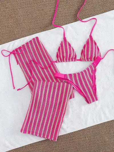 Women Fashion Stripe Halter-Neck Lace-Up Pants Bikini Swimsuit Three-Piece Set