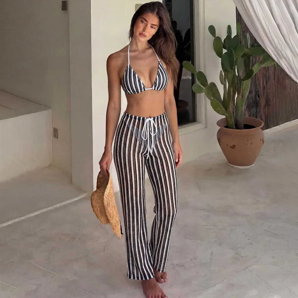 Women Fashion Stripe Halter-Neck Lace-Up Pants Bikini Swimsuit Three-Piece Set