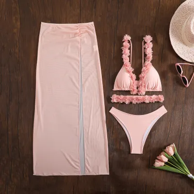Women Fashion Sexy Solid Color Flower Decoration Bikini Swimsuit Mesh Skirt Three-Piece Set