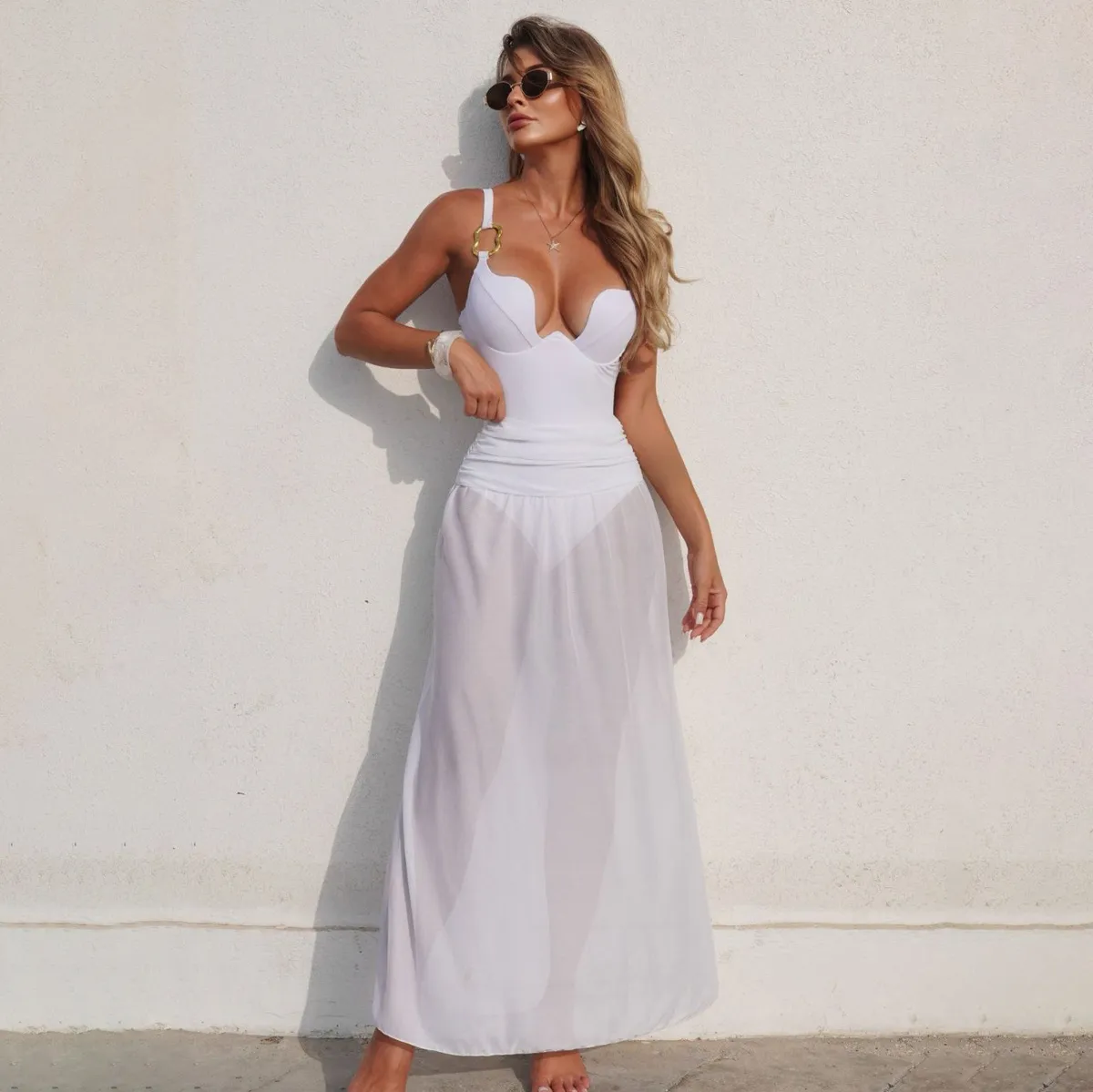 Women Fashion Sexy Solid Color One-Piece Swimsuit Skirt Two-Piece Set
