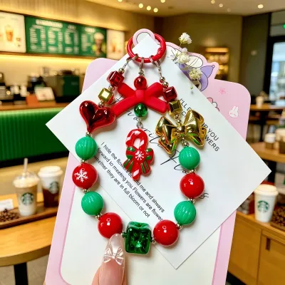 Christmas Fashion Cartoon Santa Claus Beaded Keychain