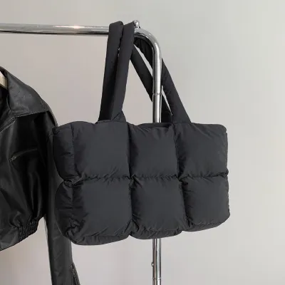 Women Fashion Casual Solid Color Cotton-Padded Soft Check Shoulder Bag