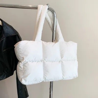 Women Fashion Casual Solid Color Cotton-Padded Soft Check Shoulder Bag