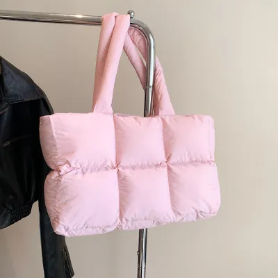 Women Fashion Casual Solid Color Cotton-Padded Soft Check Shoulder Bag