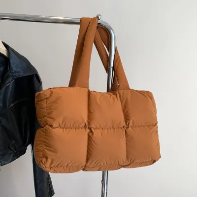 Women Fashion Casual Solid Color Cotton-Padded Soft Check Shoulder Bag