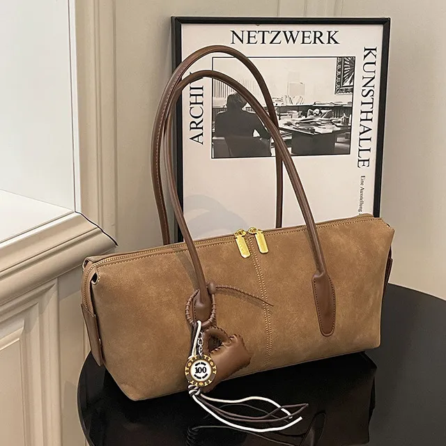 Women Fashion Casual Retro Autumn And Winter Solid Color Suede Shoulder Bag