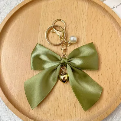 Women Fashion Creative Solid Color Ribbon Pearl Bow Bag Pendant Keychain