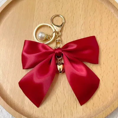 Women Fashion Creative Solid Color Ribbon Pearl Bow Bag Pendant Keychain