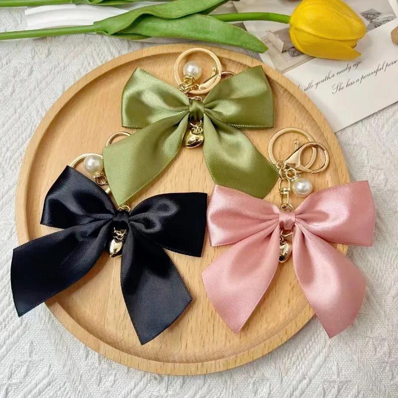 Women Fashion Creative Solid Color Ribbon Pearl Bow Bag Pendant Keychain