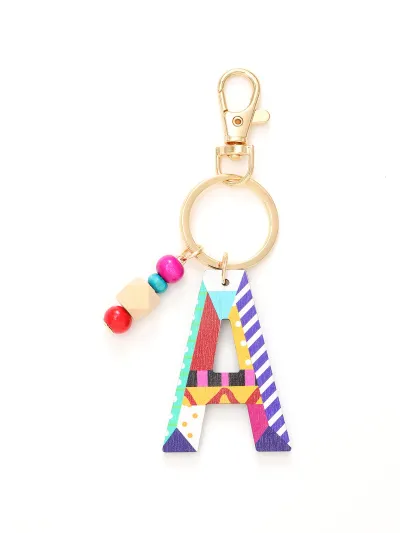 Women Fashion Multicolor Wooden Beads 26 Alphabet Keychain