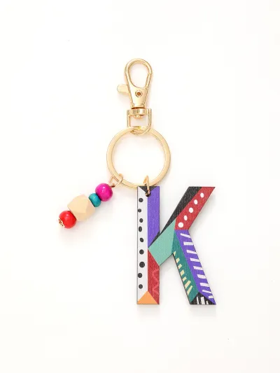 Women Fashion Multicolor Wooden Beads 26 Alphabet Keychain