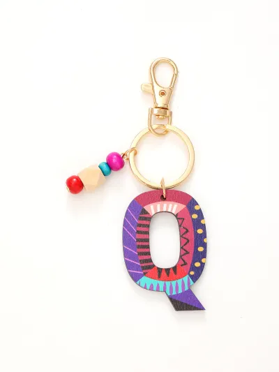 Women Fashion Multicolor Wooden Beads 26 Alphabet Keychain