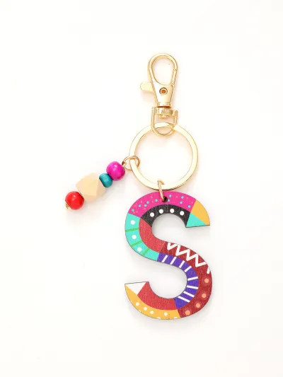 Women Fashion Multicolor Wooden Beads 26 Alphabet Keychain