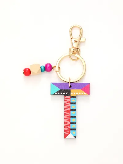 Women Fashion Multicolor Wooden Beads 26 Alphabet Keychain