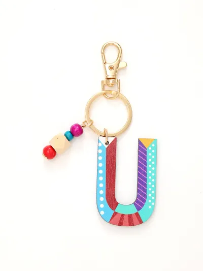 Women Fashion Multicolor Wooden Beads 26 Alphabet Keychain