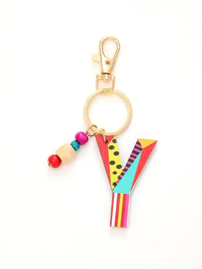Women Fashion Multicolor Wooden Beads 26 Alphabet Keychain