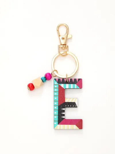 Women Fashion Multicolor Wooden Beads 26 Alphabet Keychain